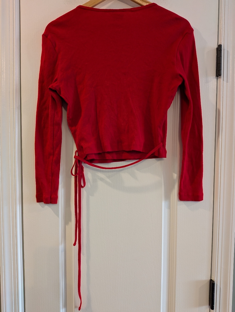 Lisa Says Gah Lucille Wrap Top Red Ribbed Long Sleeve Cropped Cotton Size M - Picture 10 of 15
